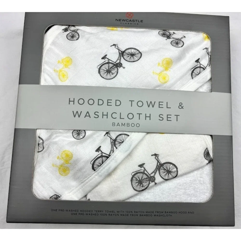 Baby Hooded Bath Towel Bamboo Washcloth 3 Bib‎ Lot Bicycle Unisex Rayon Soft Lot